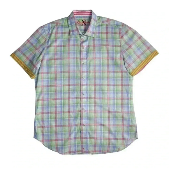 Robert Graham Men’s Short Sleeve Button Down Shirt Tailored Fit Size L Blue Red - Picture 1 of 9